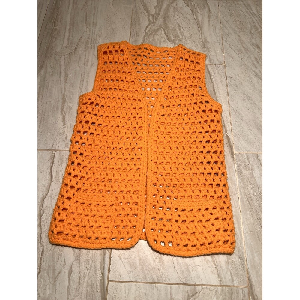 1950-1960’s vintage Handmade Crocheted Boho Vest in Bright Orange